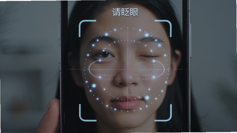 脸签活体检测界面演示,手机屏幕显示随机动作指令“请眨眼”,用户眼睛半闭,面部周围有动态光点扫描,背景虚化,突出人脸和检测框,科技感强
