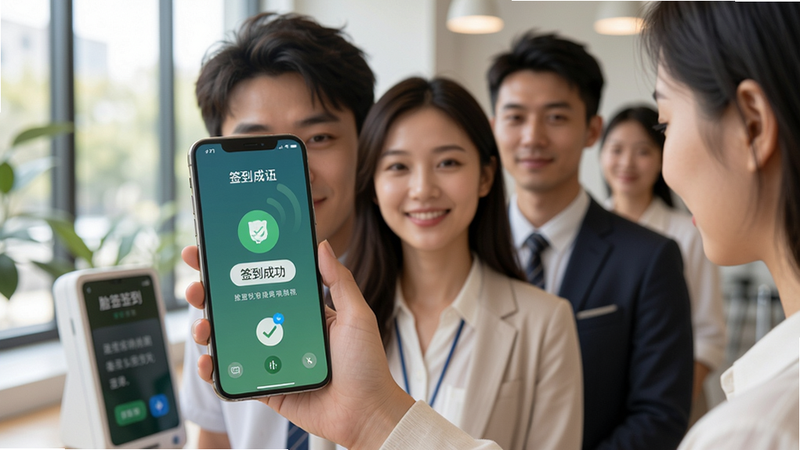 脸签签到操作示意图,用户手持手机对准面部,屏幕上显示签到成功动画,周围有同事在排队等待,场景明亮自然