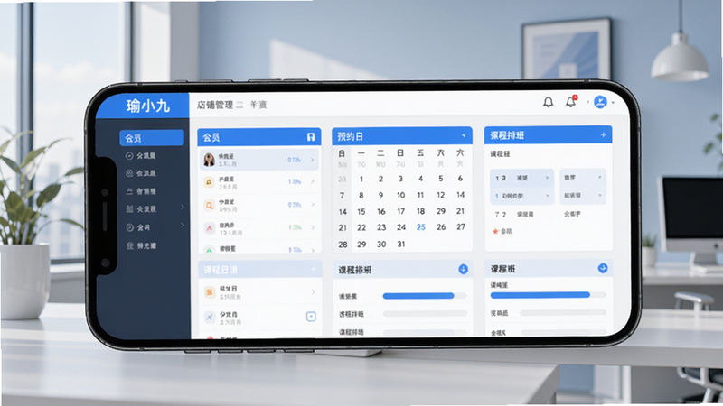 展示瑜小九软件主界面,手机屏幕中显示店铺后台管理面板,包含会员列表、预约日历、课程排班等模块,背景为简约的现代办公环境,光线柔和,色彩以蓝白为主,突出清爽、专业的氛围,适配Boogu模型生成。