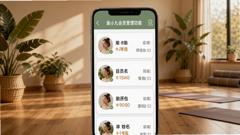 瑜小九会员管理功能界面预览图,手机屏幕上显示会员卡片列表,包含头像、姓名、等级、积分和剩余课时,背景为温馨的瑜伽教室环境,绿植和木地板元素,色调温暖,突出会员关怀与数据清晰。