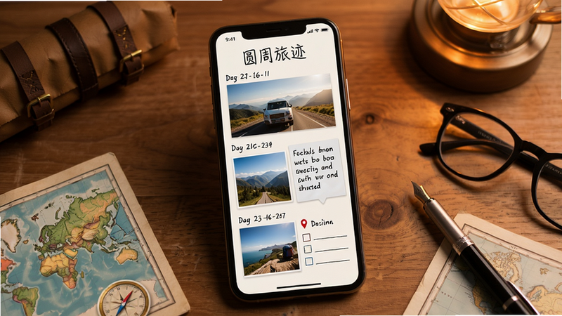 圆周旅迹 旅行日记生成 功能 手机屏幕展示一份带有照片和文字的旅行日志 排版精美 有日期和地点标注 背景是木质桌面 周围有旅行纪念品 温馨氛围