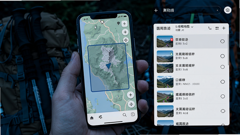 圆周旅迹 离线地图功能 手机显示地图界面 有下载好的区域边框 旁边列出已下载的轨迹列表 手机周围有登山杖和背包 暗示户外场景 色调偏冷 细节清晰