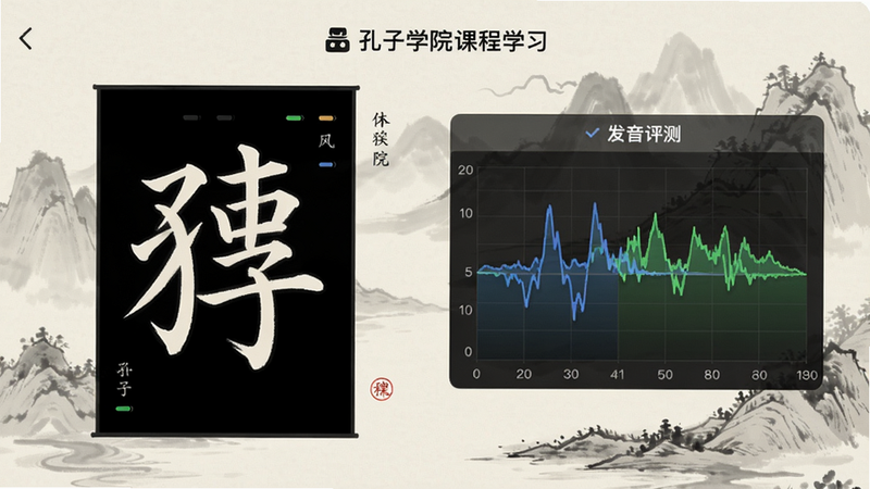 孔子学院App课程学习界面,左侧为汉字书写动画演示,右侧为发音评测波形图,背景淡雅水墨风格,细节清晰,适配Boogu模型生成