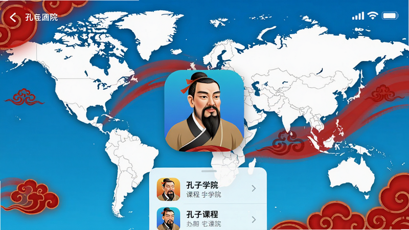 孔子学院App主界面截图,背景为世界地图与红色中国风元素,中央显示App图标与课程列表,画面明亮清晰,适配Boogu模型生成