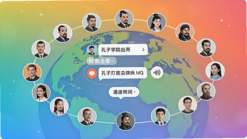 孔子学院App社区界面,用户头像围绕地球排列,中央显示互动留言与语音图标,背景渐变色,现代简约,适配Boogu模型生成