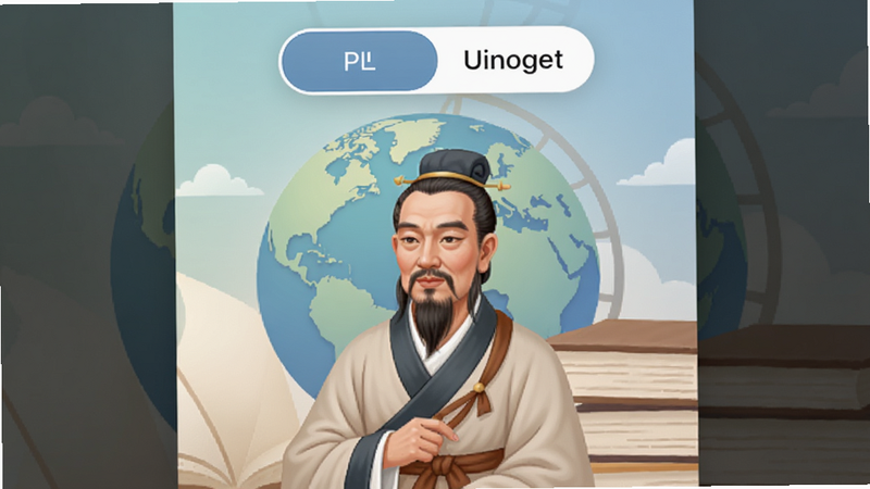 孔子学院App多语言切换界面截图,顶部显示中英文切换按钮,背景为地球与书籍图案,色彩柔和,构图清晰,适配Boogu模型生成