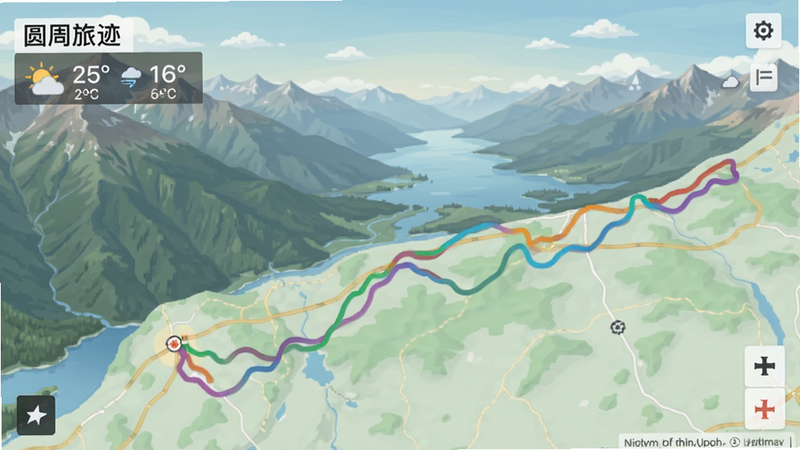 圆周旅迹应用主界面截图,展示地图上的一条彩色轨迹线,背景为山川湖泊风景,画面左上角显示软件名称与天气信息,风格清新自然,色彩柔和