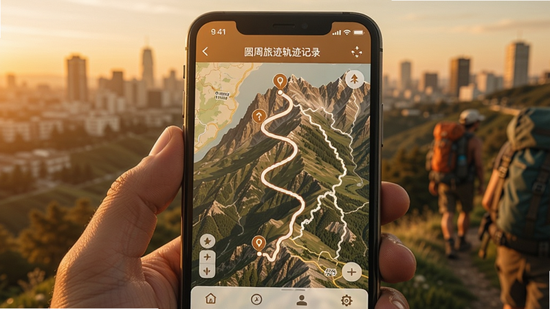 圆周旅迹轨迹记录界面,手机屏幕上显示一段蜿蜒的登山路线,沿线有多个标注点,背景为实景地图,色调温暖,突出轨迹的清晰度与标注功能