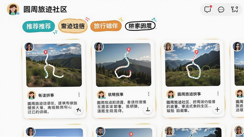 圆周旅迹社区界面,展示用户发布的旅行故事卡片,包含轨迹缩略图、照片和文字描述,顶部有推荐标签,整体风格活泼,色彩丰富,模拟社交应用布局