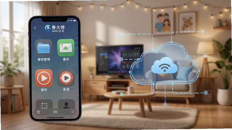 鲁大师AiNAS应用界面截图,展示手机变成NAS的虚拟场景,左边手机界面显示文件管理、备份、影音播放功能图标,右边云端数据同步示意图,背景是家庭网络环境,色调柔和,高清画质