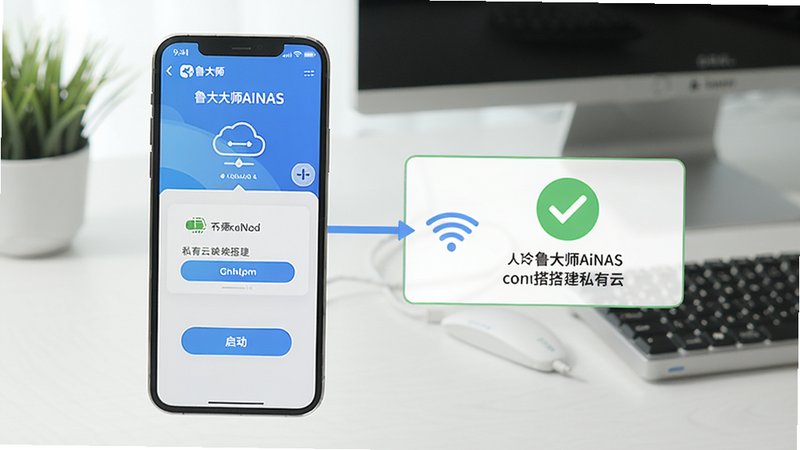 鲁大师AiNAS一键搭建私有云步骤示意图,手机屏幕显示安装界面和启动按钮,旁边有连接成功的提示,背景为简洁的桌面,光线明亮,图标清晰