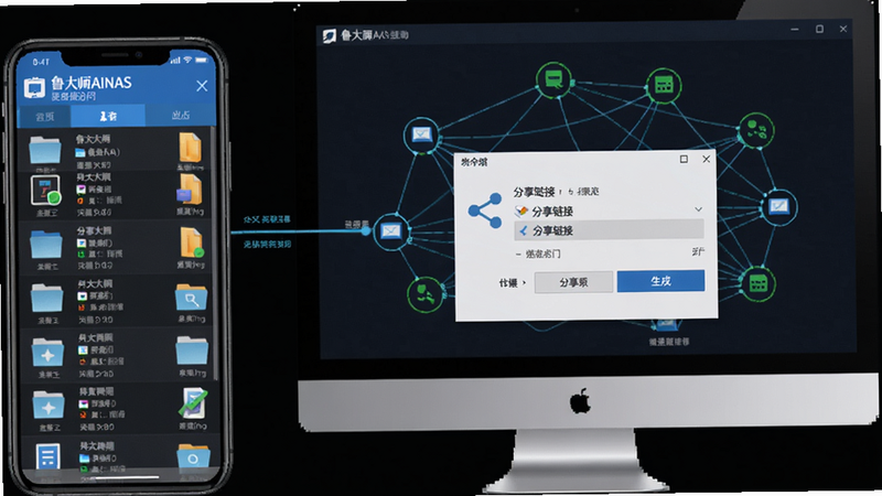 鲁大师AiNAS远程访问界面截图,展示手机端和电脑端文件列表,以及分享链接生成对话框,背景为网络拓扑图,体现远程连接,色彩明亮