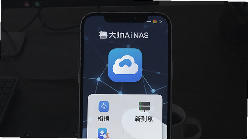 鲁大师AiNAS主界面展示,手机屏幕中央显示App图标与主功能菜单,背景为简约的深色桌面,光线柔和,突出软件名称鲁大师AiNAS,整体风格科技感与生活化结合