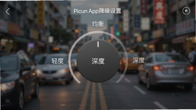 展示Picun App降噪设置界面,界面中央有一个圆形旋钮,周围标有“轻度”“均衡”“深度”三个刻度,旋钮指向“深度”,背景为嘈杂街道虚化,突出安静的听音状态