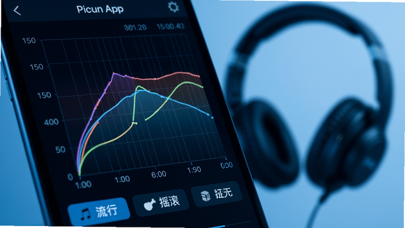 一张Picun App内均衡器调节页面的特写,多条彩色频率曲线在网格中变化,底部有“流行”“摇滚”等预设按钮,背景为耳机轮廓虚化,色调偏冷蓝,科技感强