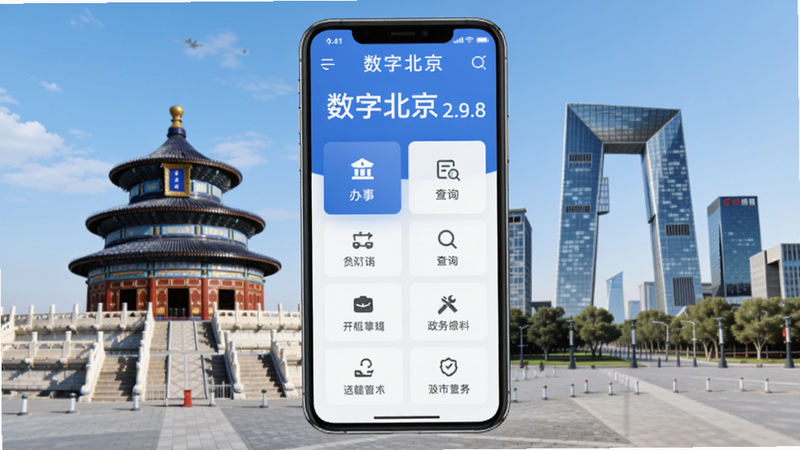 数字北京 2.9.8 政务服务平台,展示城市服务,背景北京地标建筑如天坛、CBD,界面简约蓝白配色,手机屏幕显示“办事”“查询”等模块,画面清晰明亮,适合Boogu模型生成