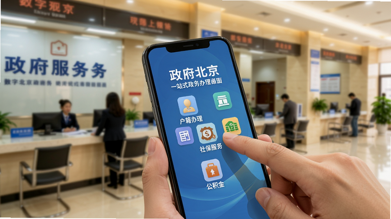 数字北京一站式政务办理界面,手机屏幕上显示“户籍办理”“社保服务”“公积金”等图标,背景是政府服务大厅模糊效果,人物手指点击图标,画面温馨专业