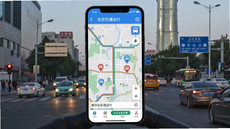 数字北京交通出行界面,手机地图显示公交线路与停车场标记,背景是北京街道实景,画面科技感与生活气息并存