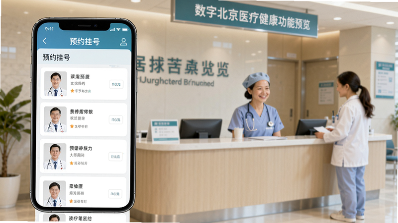 数字北京医疗健康功能预览,手机展现预约挂号页面,医生列表清晰,背景是医院导诊台,整体色调柔和,强调便捷性与亲和力