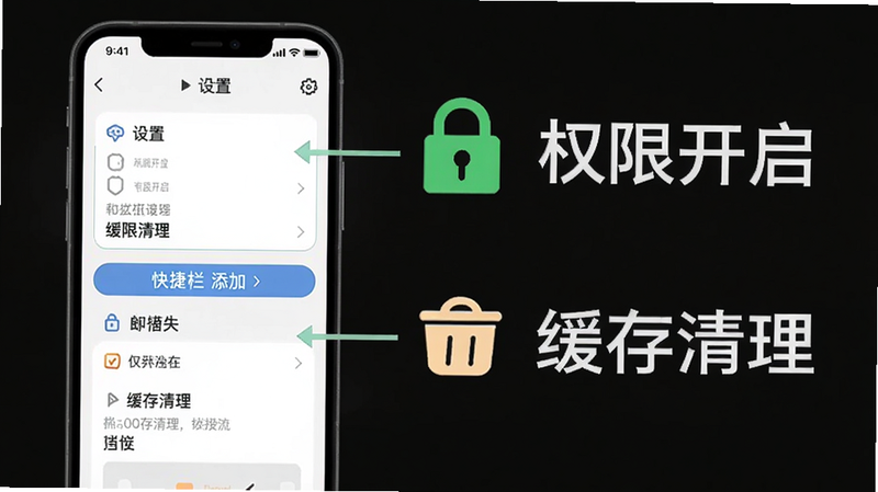 数字北京使用指南示意图,手机上显示设置页面与快捷栏添加步骤,旁边标注“权限开启”“缓存清理”等文字说明,风格简单明了