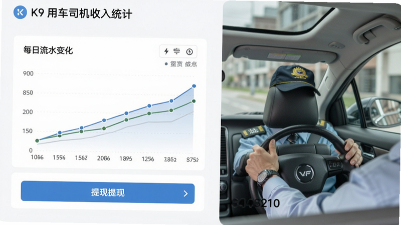 K9用车司机收入统计页面,图表展示每日流水变化,下方有提现按钮和余额数字,界面清爽干净。
