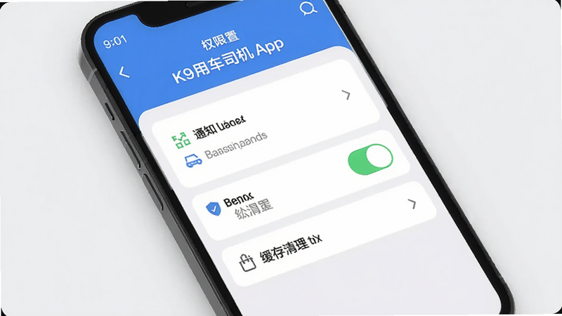 K9用车司机App设置界面,显示权限管理、通知开关、缓存清理选项,手机屏幕清晰,背景为浅色简洁风格。