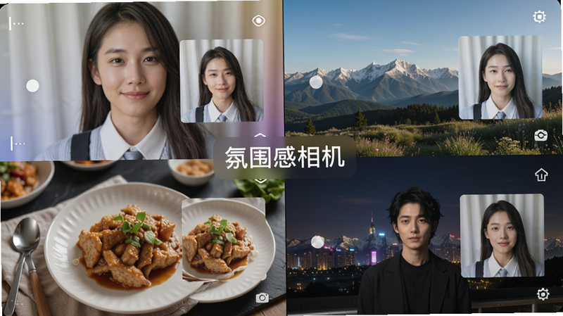 一张氛围感相机“实时场景推荐”功能演示图,画面分为四个象限分别展示人像、风景、美食、夜景四种场景,每个场景对应不同的滤镜效果预览,中央有“氛围感相机”字样,背景为渐变色