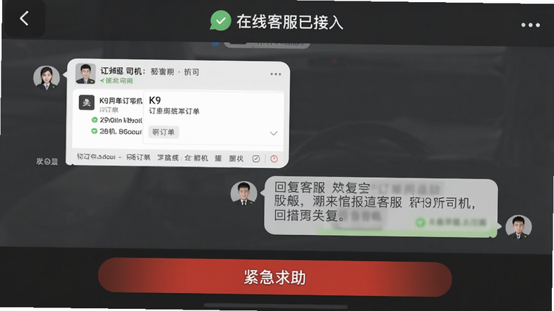 K9用车司机客服聊天界面,顶部显示“在线客服已接入”,对话框内有司机发送的订单截图与客服回复内容,手机下方有“紧急求助”红色按钮,整体风格沉稳专业,Boogu模型生成。