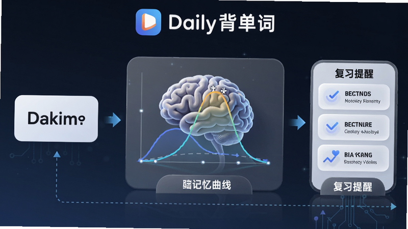 生成一张展示Daily背单词智能记忆引擎工作流程的示意图,左侧是单词输入,中间是大脑记忆曲线,右侧是复习提醒,整体设计简洁科技感,带上Daily背单词logo