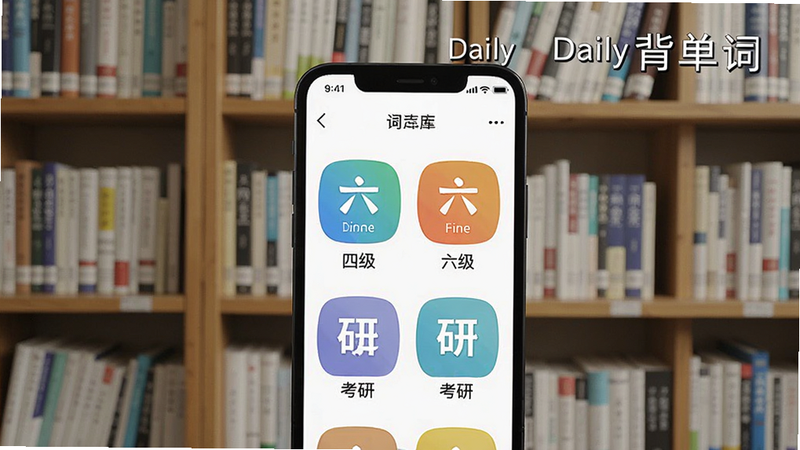 生成一张展示Daily背单词词库选择界面的图片,手机屏幕上显示多个词库图标,包括四级、六级、考研等,背景为书架,突出丰富性,带上Daily背单词字样