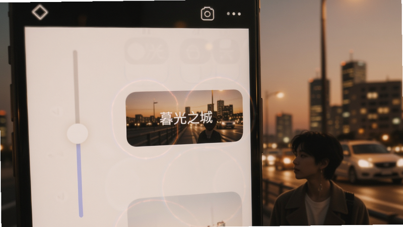 氛围感相机软件主界面,手机屏幕显示滤镜选择界面,背景是暖色调城市夜景,画面中心聚焦于“暮光之城”滤镜按钮,左侧有光晕调节滑块,整体氛围朦胧浪漫,适配Boogu模型生成,人物主体在右下角,背景模糊,色彩饱和度低,电影感强烈