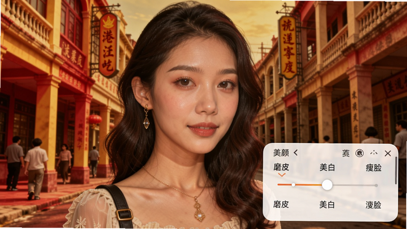 氛围感相机人像拍摄界面,手机屏幕显示一位女生半身照,应用了港风滤镜,面部有轻微磨皮和提亮,背景是复古街道,色调偏红黄,画面右下角有美颜参数调节面板,包含磨皮、美白、瘦脸等选项,整体风格协调,适配Boogu