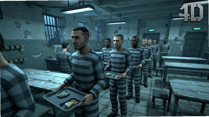 展示监狱生活3D中囚犯在食堂排队打饭的场景,画面中囚犯们穿着囚服,手持托盘,食堂环境破旧但细节丰富,色彩偏冷色调,包含监狱生活3D字样