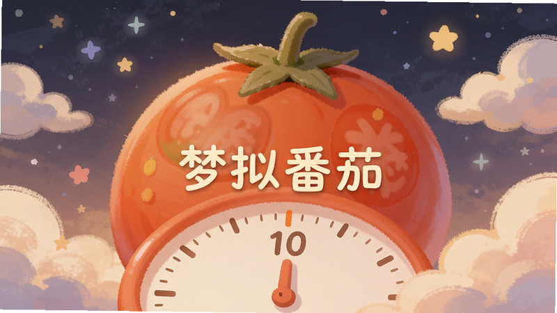 一幅展示梦拟番茄应用主界面的插画,前景是一个柔和的番茄钟计时器,背景是星空下的梦境云朵,整体色调温暖治愈,画面中心标注“梦拟番茄”字样,适配Boogu模型生成。