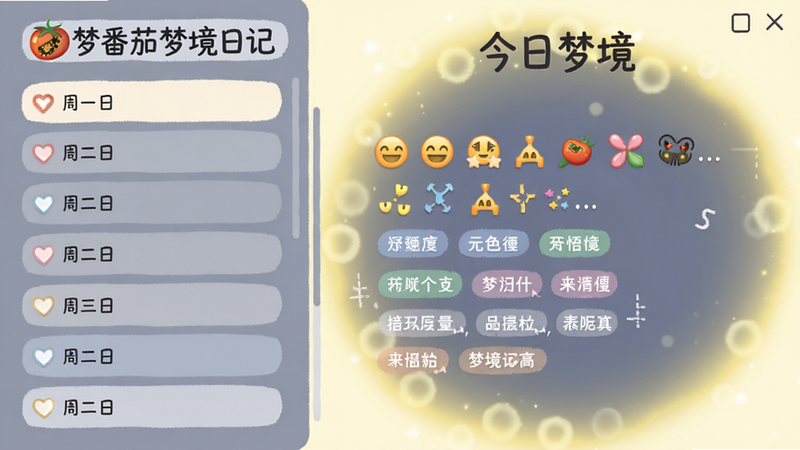 梦拟番茄梦境日记界面,左侧是日期列表,右侧显示一则梦境记录,带有表情符号和标签,背景是淡黄色柔和光晕,文字“今日梦境”。