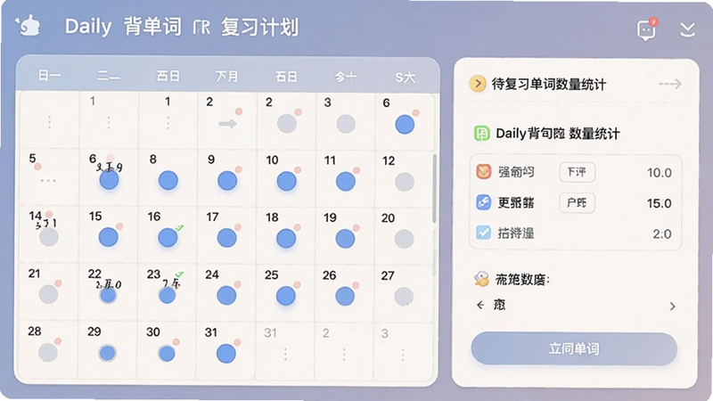 Daily背单词的复习计划界面,左侧是日历表,右侧是待复习单词数量统计,日历上用蓝色圆点标记复习日,整体色调柔和,适配Boogu模型生成