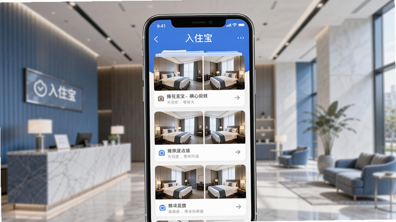 一个智能手机屏幕显示入住宝APP的主界面,画面中央是酒店房间列表,背景为酒店大堂的简约设计,色调以蓝白为主,整体风格清新现代,突出软件名'入住宝',坐标居中,背景虚化