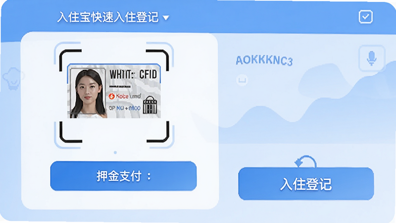 入住宝快速入住登记界面,显示身份证扫描框,下方有押金支付选项,界面简洁,蓝色主题,突出'入住登记'按钮