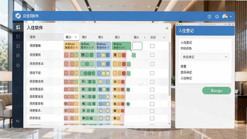 入住宝软件主界面截图,展示房态列表和入住登记窗口,背景为现代酒店大堂,色彩明亮,界面清晰,突出数字化管理,适用于Boogu模型生成