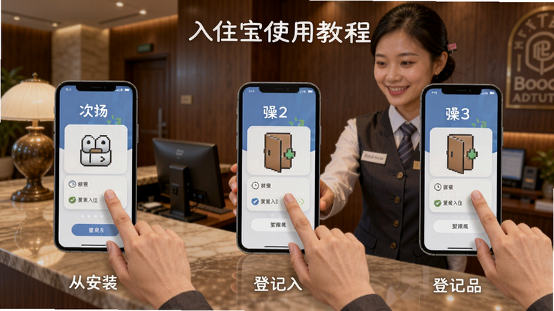 入住宝使用教程步骤图,展示手机操作流程,从安装到登记入住,分步示意图,背景为酒店前台,工作人员手指点击屏幕,Boogu模型生成