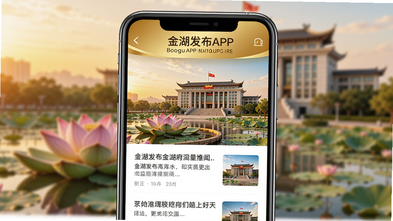 金湖发布APP主界面展示,手机屏幕中央显示新闻列表,顶部金色品牌栏,背景为金湖县城标志性建筑如荷花广场或县政府大楼,画面明亮清晰,色彩温暖,采用居中构图,整体呈现现代政务新闻客户端风格,适用于Boogu模型生成。