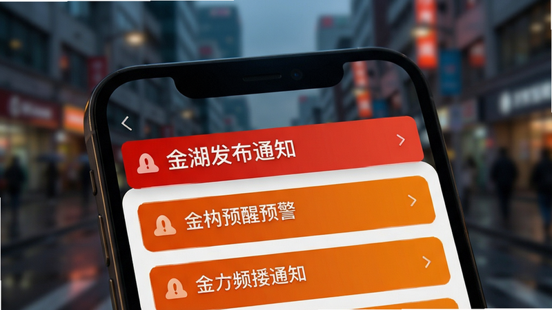 金湖发布APP推送通知界面,手机屏幕显示多条红色或橙色预警通知条,背景为模糊化的城市街景,突出紧急提醒氛围,画面聚焦于通知栏,使用醒目标题字体,整体设计简洁明确,适用于Boogu模型生成。