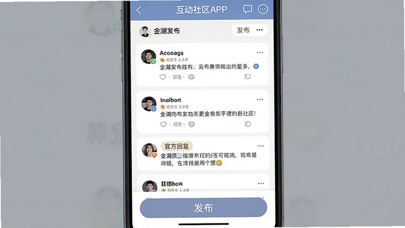 金湖发布APP互动社区页面,显示用户发帖列表和官方回复标签,手机底部有“发布”按钮,背景为柔和灰色,整体设计社交化,突出互动功能,适合Boogu模型生成。