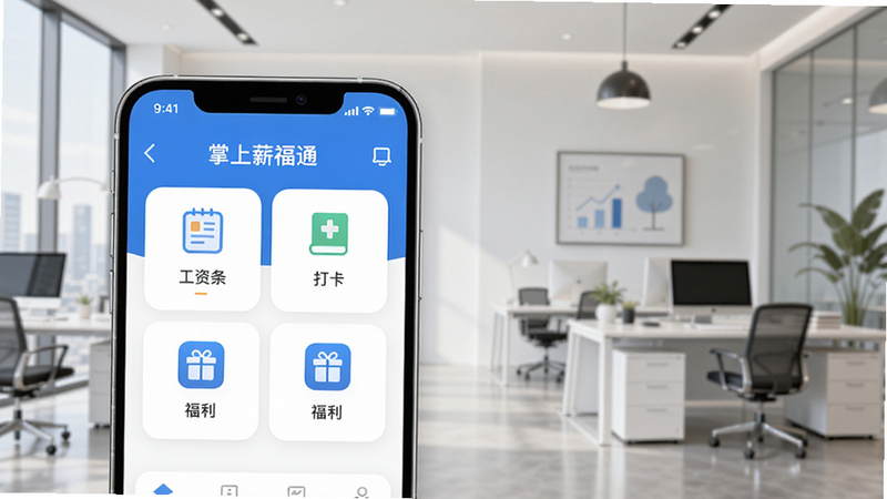 掌上薪福通主界面展示, 背景为现代简约办公室,前景为手机屏幕显示掌上薪福通APP主界面,包含工资条、打卡、福利等图标,整体色调蓝白清新,适配Boogu模型生成