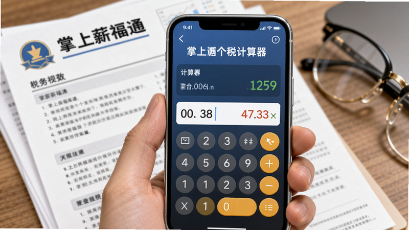 掌上薪福通个税计算器功能, 手机屏幕显示计算器界面,输入数字后显示计算结果,背景为税务相关文件,Boogu模型
