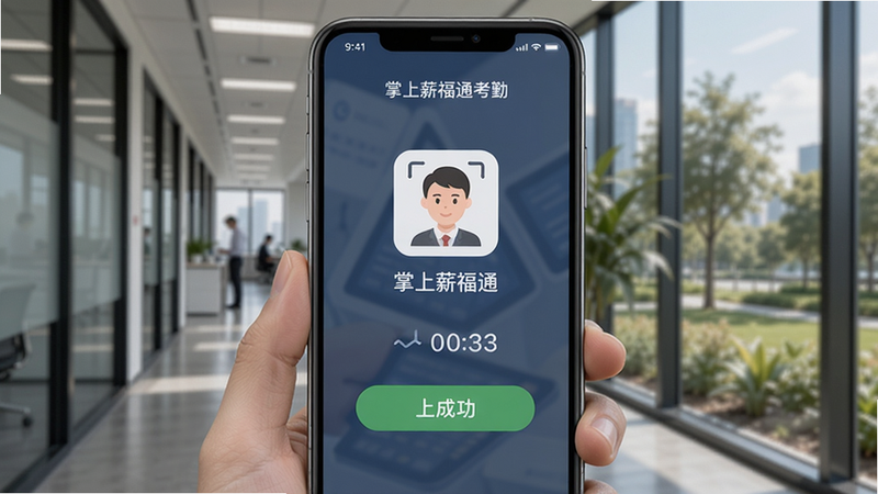 掌上薪福通考勤打卡界面, 手机屏幕显示打卡成功动画,背景为办公室走廊或户外场景,人脸识别图标,时间日期清晰,Boogu模型