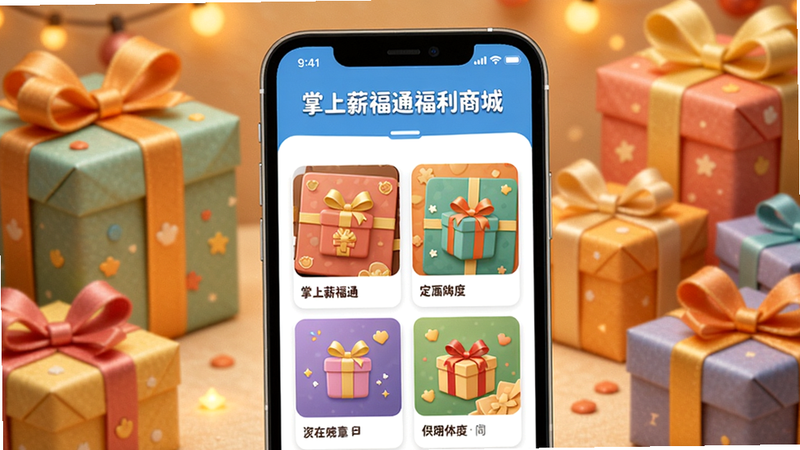 掌上薪福通福利商城展示, 手机界面显示各类礼品卡片,背景为温馨的礼品包装场景,色彩丰富,Boogu风格