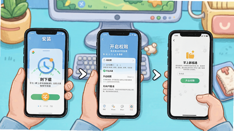 掌上薪福通安装步骤图解, 手机依次显示下载、安装、开启权限的界面流程,背景为操作桌面,Boogu风格