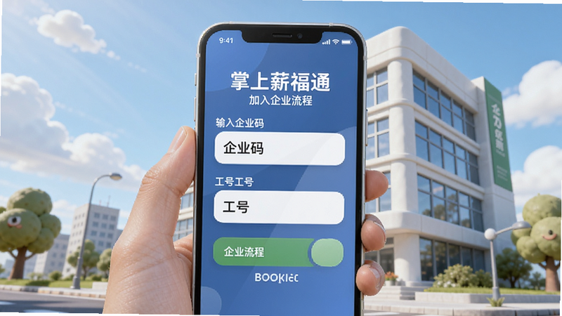 掌上薪福通加入企业流程, 手机界面显示输入企业码和工号,背景为企业办公楼,Boogu风格