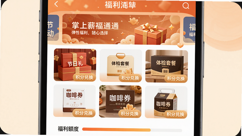 展示掌上薪福通APP内的福利商城页面,上方滚动福利活动横幅,下方网格排列节日礼盒、体检套餐、咖啡券等商品,每个商品图右下角显示“积分兑换”按钮,手机屏幕下方有“福利额度”进度条,整体配色温馨橙色,配文“弹性福利,随心选择”,符合Boogu模型生成。
